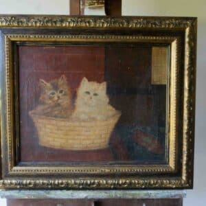 Kitten in basket - oil on canvas